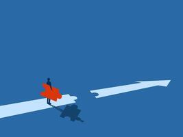 Creative in career, businessman puts together jigsaw puzzle on the road with arrow pointing in the direction vector
