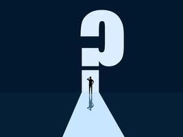 Opportunity, Challenge, Businessman standing thinking in front of a door with a question mark vector