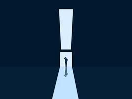 Warning, Challenge, Businessman thinking in front of exclamation mark door vector