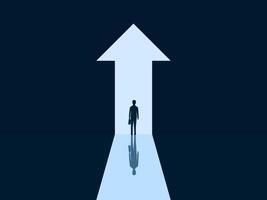 Courage, Success, Opportunity ,Businessman Standing in Front of an Arrow-Shaped Door Pointing Up vector