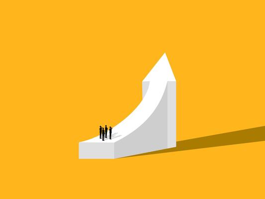 Leadership, Achievement in Business. Businessman team climbs to the top of the graph