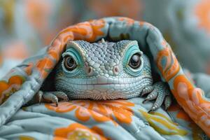 Adorable blue lizard peeking out from under a colorful patterned blanket photo