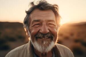 An elderly Caucasian man walking with a gentle smile, his face basking in the warm glow of sunrise, tranquility and contentment. photo