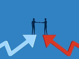 Two people are negotiating business on a growth arrow, making a deal or acquisition, merger vector