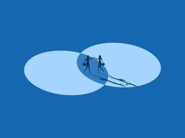 Merger, Businessmen shaking hands making deals on intersect circle space vector