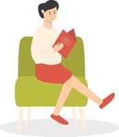Woman Sitting While Reading Book on White Background. vector