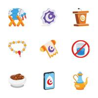 A collection of flat style icons representing important symbols and objects related to Islamic culture and celebrations. vector