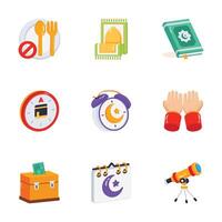 A set of colorful, flat icons illustrating key aspects of Islamic practices and rituals. vector