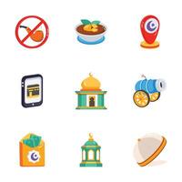 A set of vibrant flat icons depict various Islamic symbols and concepts. vector