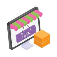 Online store with an open sign and product inventory. vector