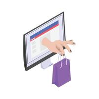 An isometric icon of a hand emerging from a computer monitor, holding a shopping bag. vector