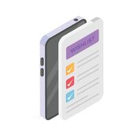 An isometric icon of a smartphone displaying a wishlist app. vector