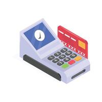 A stylized, isometric icon of a point of sale terminal processing a credit card payment. vector