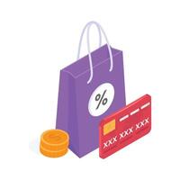 Shopping bag with a credit card and coins for checkout. vector
