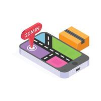A smartphone showing location-based delivery with estimated time. vector
