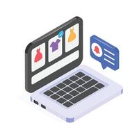 Laptop displaying an online clothing store with chat support. vector