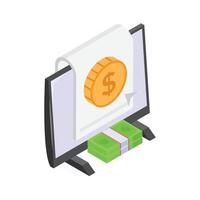 Digital transaction on a computer screen with cash and coins. vector