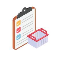Clipboard with a shopping checklist and a basket. vector