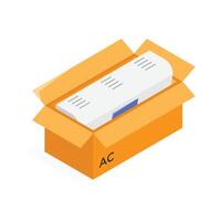 An isometric icon of an air conditioner unit inside an open cardboard box vector