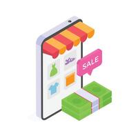 Mobile store with a sale banner and money stack. vector