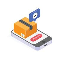 Smartphone confirming an online order delivery with a package. vector