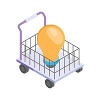 An isometric icon of a lightbulb nestled within a metal shopping cart. vector