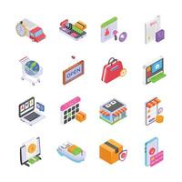 This set of vibrant, isometric icons depicts various aspects of ecommerce and retail vector