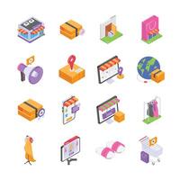 A set of isometric icons depicting various aspects of ecommerce and online shopping vector