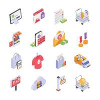 A collection of isometric icons depicting various aspects of ecommerce and retail business. vector