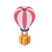Isometric hot air balloon delivering a package for unique shipping methods. vector