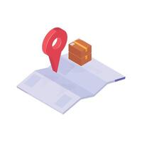 A simple isometric icon of a location pin placed on a map with a shipping box. vector