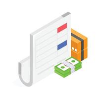 Isometric invoice document with cash and a package for shipping payments. vector