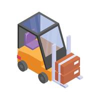 Isometric forklift lifting and transporting boxes in a warehouse environment. vector