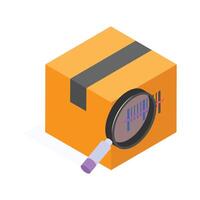 Package with magnifying glass focusing on barcode for efficient logistics vector