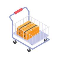 Isometric shopping cart filled with parcels for ecommerce and delivery. vector