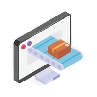 An isometric illustration of a computer monitor displaying a package on a conveyor belt. vector