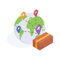 Isometric illustration of worldwide parcel tracking with location pins and a package. vector