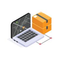 Isometric laptop showing GPS tracking for online package shipment and delivery. vector