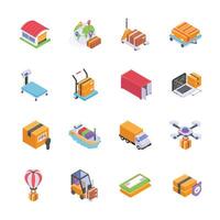 A set of isometric icons showcases various facets of global logistics and shipping. vector