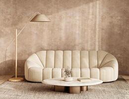Elegant beige living room with plush sofa and marble coffee table in boho scandinavian style, 3d rendering photo