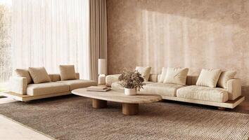 Warm and inviting boho scandinavian living room with textured sofas and wooden accents, 3d rendering photo