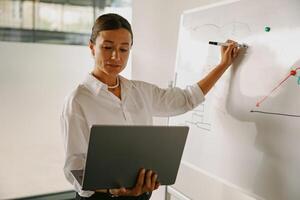 A Professional Woman Skillfully Presenting InDepth Data Analysis Within a Modern Office Environment photo