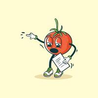 A surprised tomato character points and holds a document vector
