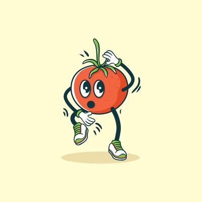 A surprised dancing tomato cartoon character
