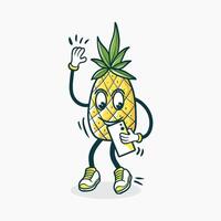 A Happy Pineapple Character Uses a Smartphone vector