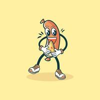 Happy Sausage Character Enjoying Pizza Slice vector