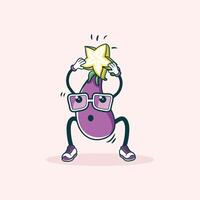 An Eggplant Character Holds A Starfruit Above Its Head vector