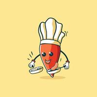 A cheerful carrot chef cooks breakfast eggs and sausage vector