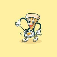 A Pizza Slice Character Cooks A Fried Egg vector