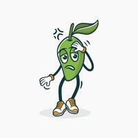 A Tired Green Mango Cartoon Character Holding Its Head vector